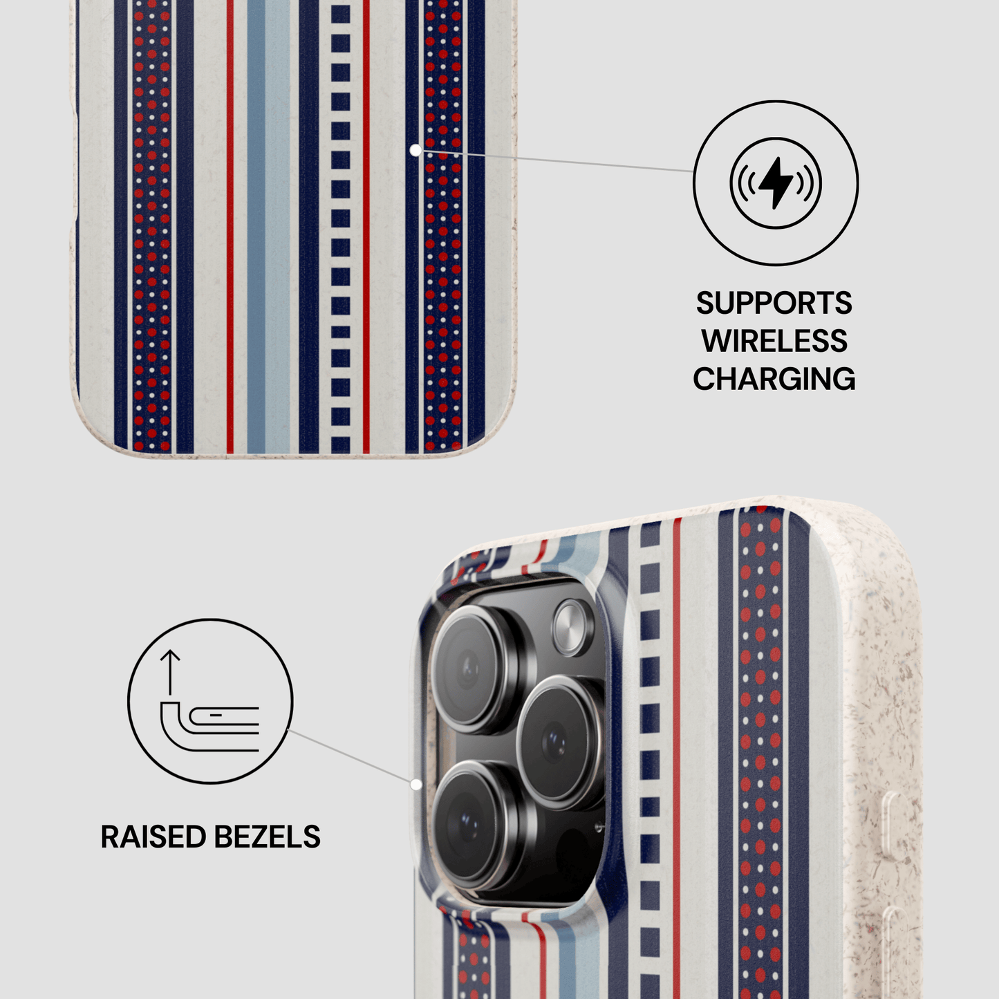 Phone case with striped pattern and wireless charging support on a white background