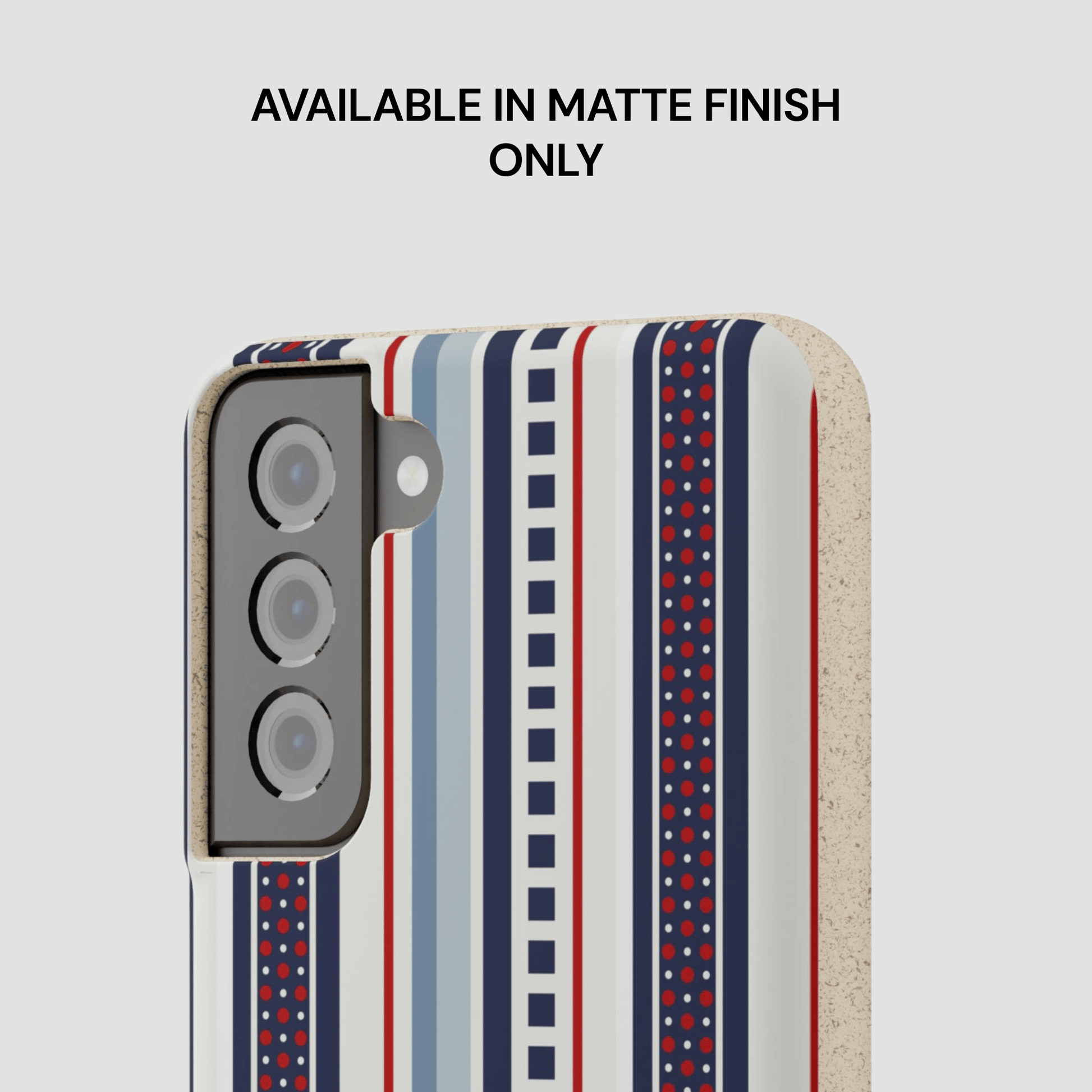 Phone case with striped pattern on a light gray background