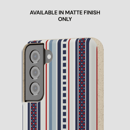 Phone case with striped pattern on a light gray background