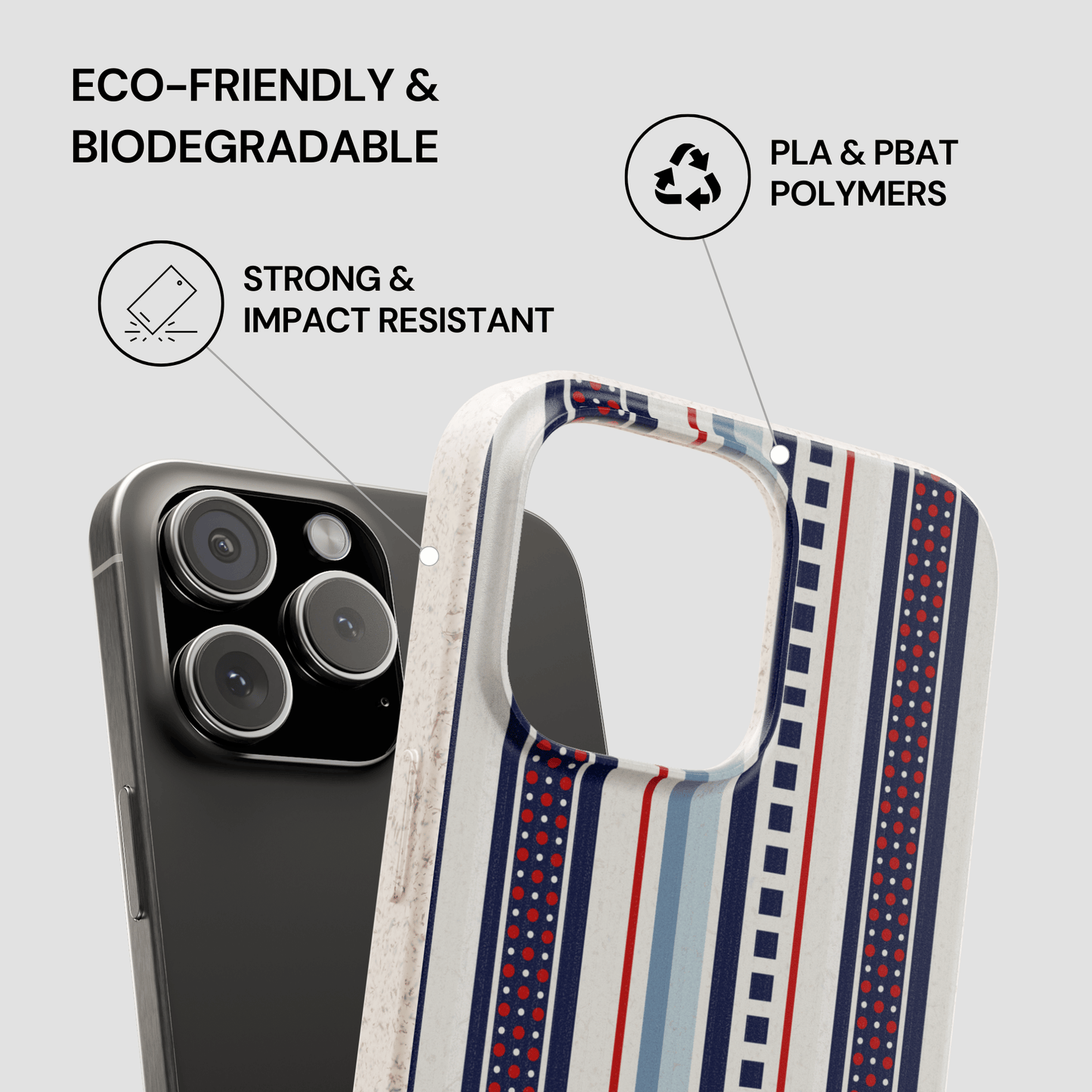 Phone case with eco-friendly and biodegradable features on a gray background