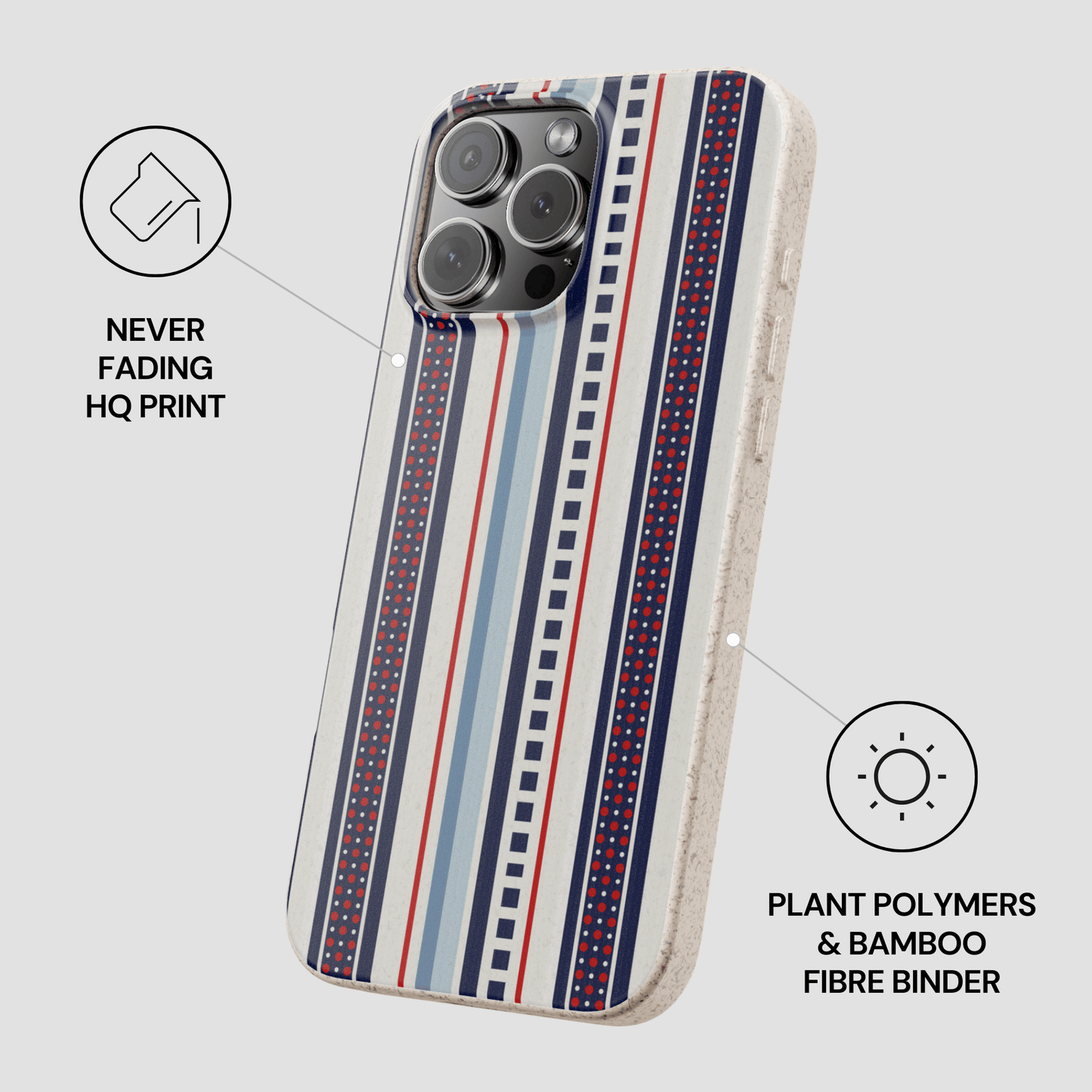 Phone case with striped design on a light gray background