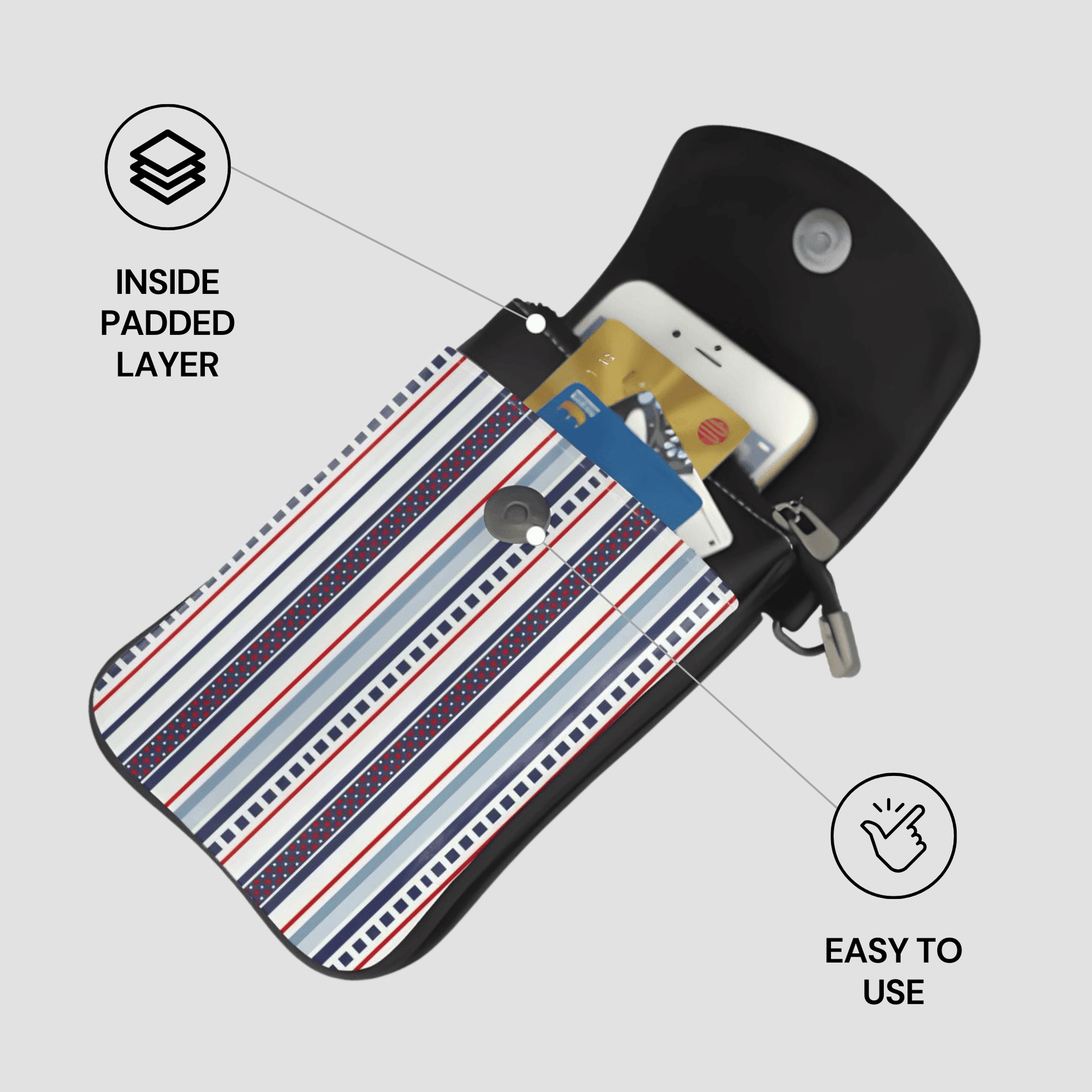 Black pouch with striped interior holding a phone and cards, labeled 'Inside Padded Layer' and 'Easy to Use'.