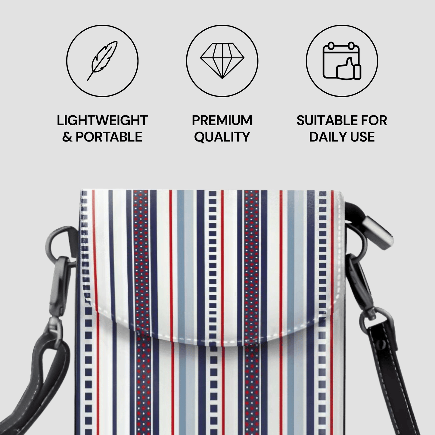 Striped crossbody bag with icons and text describing features on a light gray background