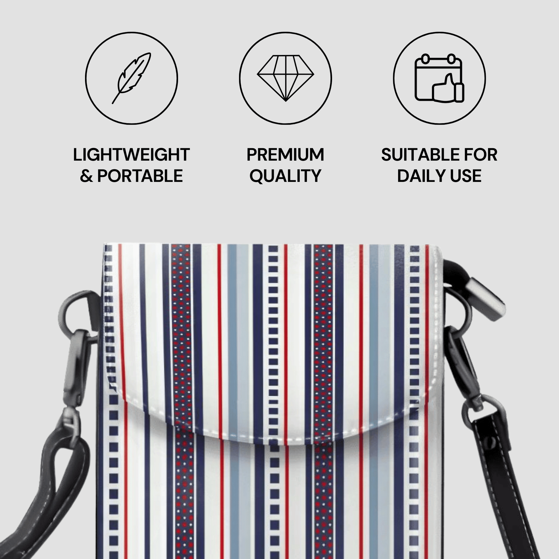 Striped crossbody bag with icons and text describing features on a light gray background