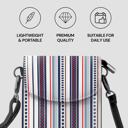 Striped crossbody bag with icons and text describing features on a light gray background