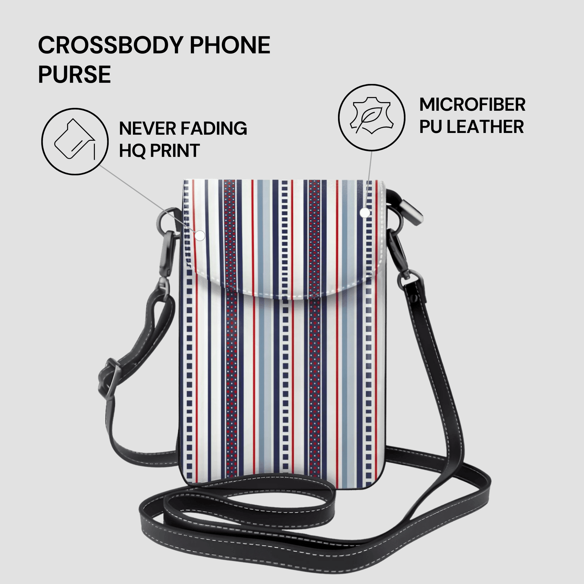 Striped crossbody phone purse with features highlighted on a light gray background