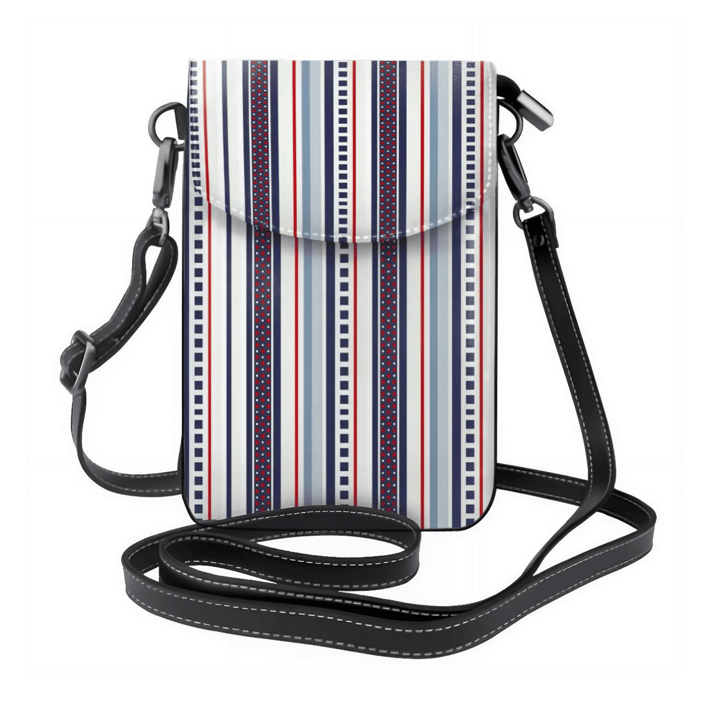 Striped crossbody bag with a black strap on a white background