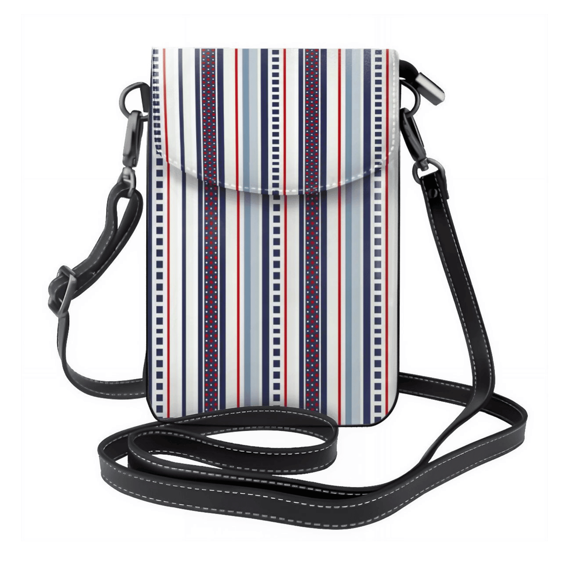 Striped crossbody bag with a black strap on a white background