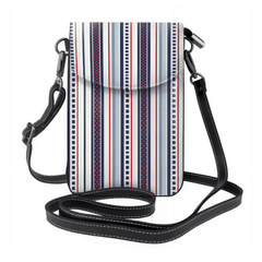 Striped crossbody bag with a black strap on a white background