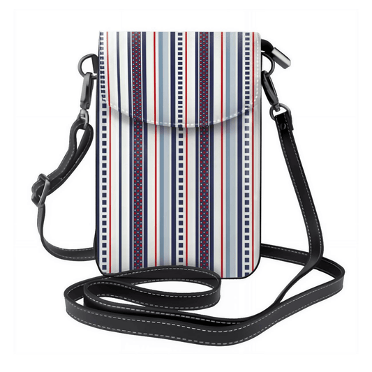 Striped crossbody bag with a black strap on a white background