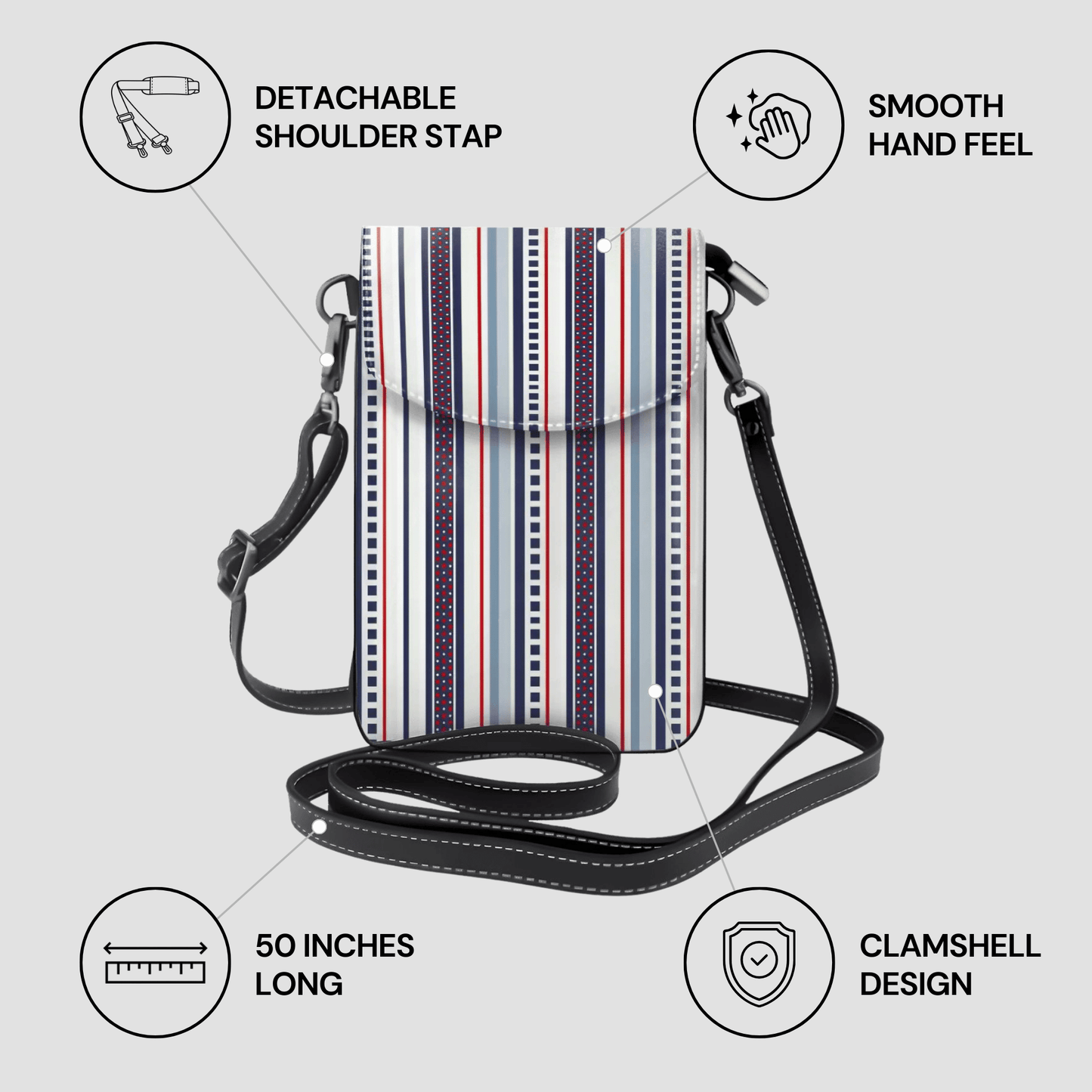 Striped crossbody bag with features highlighted on a light gray background