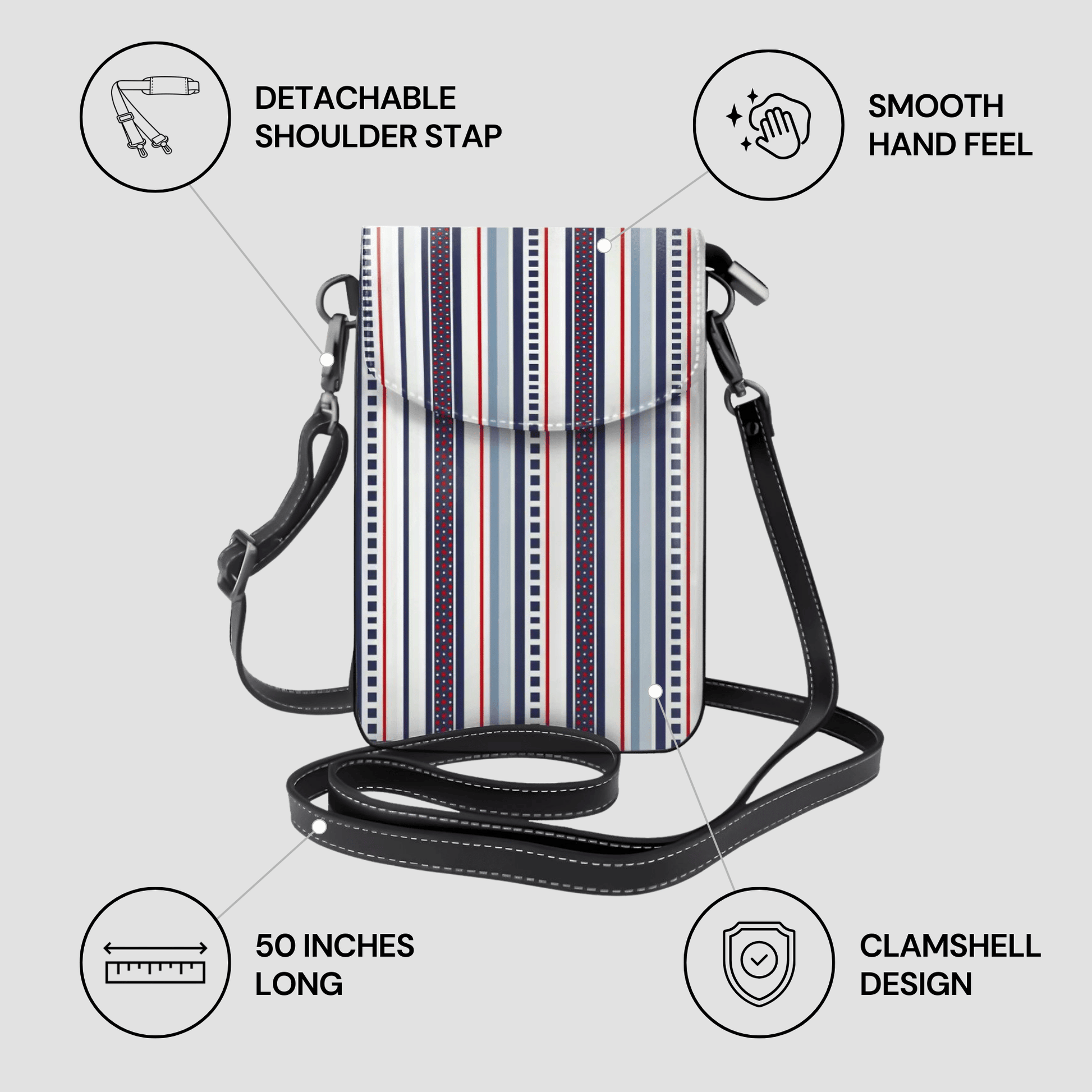 Striped crossbody bag with features highlighted on a light gray background