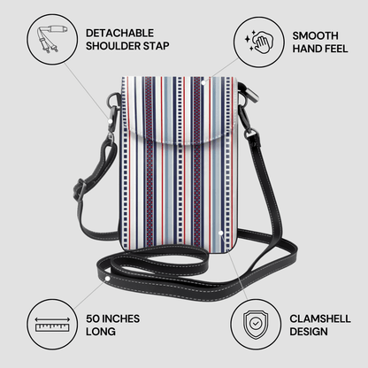Striped crossbody bag with features highlighted on a light gray background