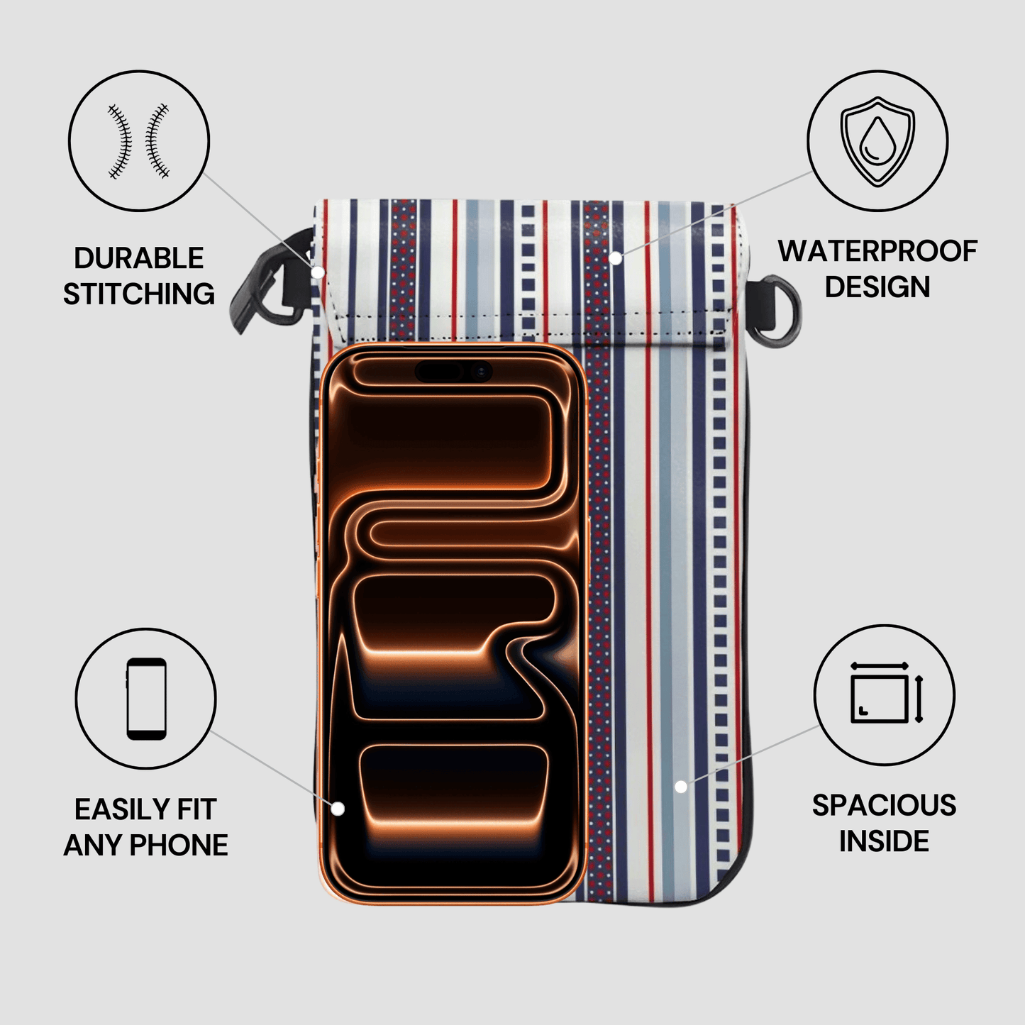 Phone case with features highlighted on a gray background