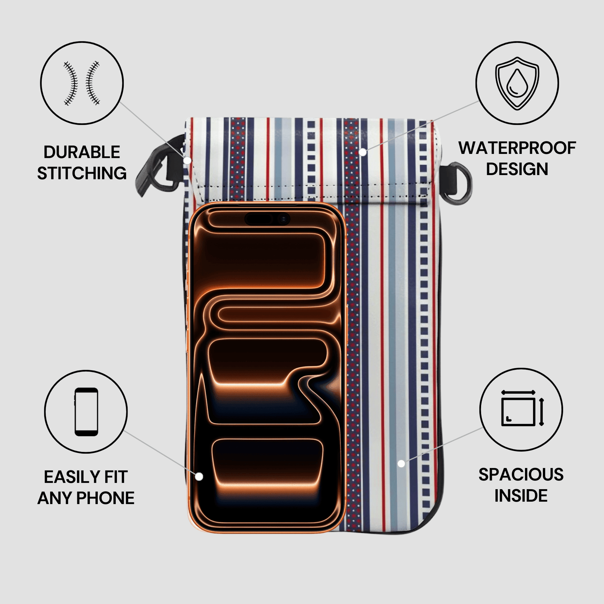 Phone case with features highlighted on a gray background