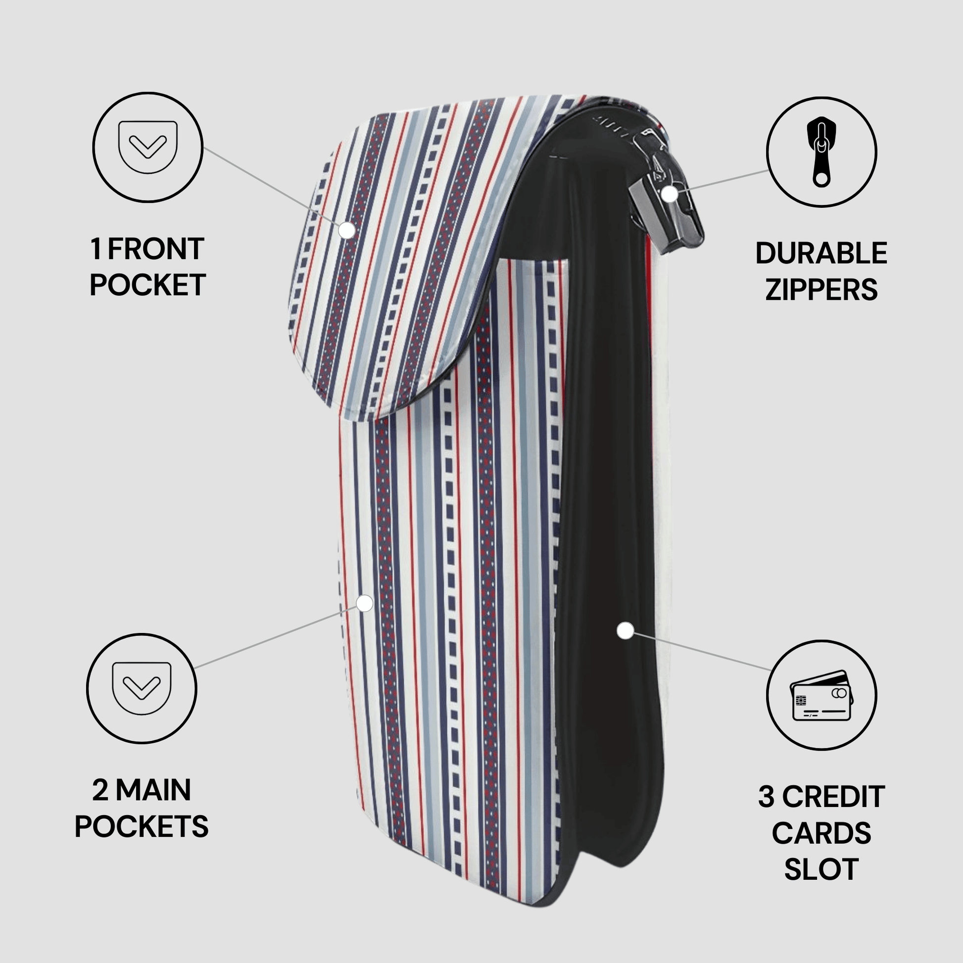 Striped wallet with features highlighted on a light gray background