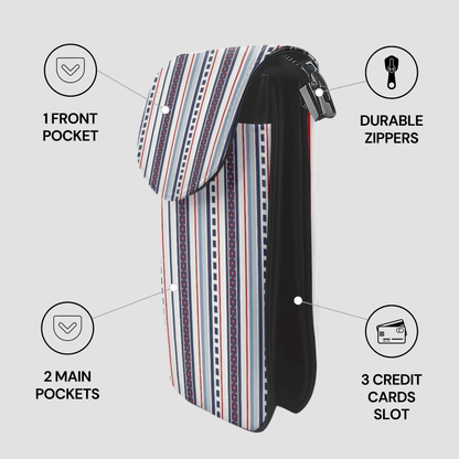 Striped wallet with features highlighted on a light gray background