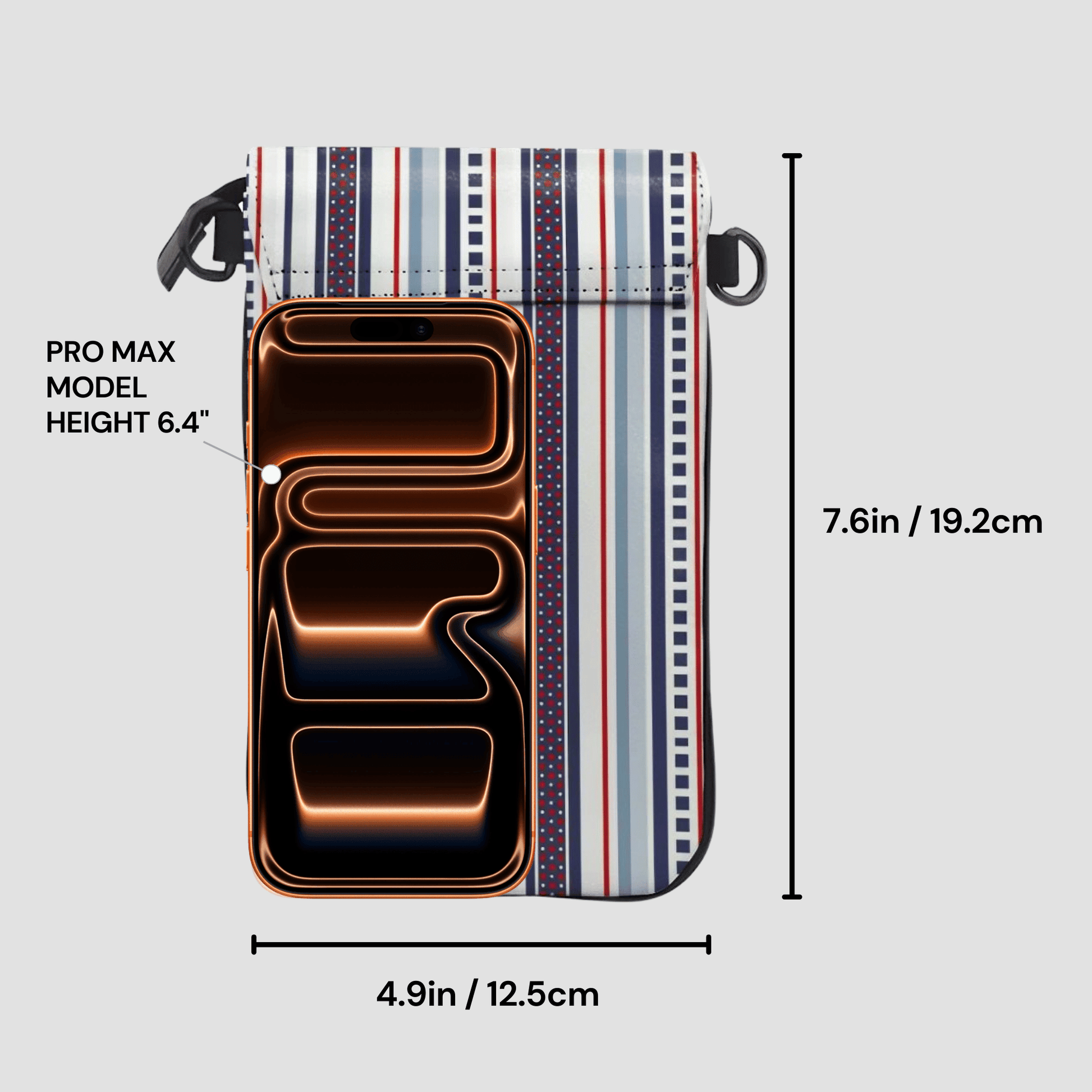 Phone case with dimensions labeled on a gray background