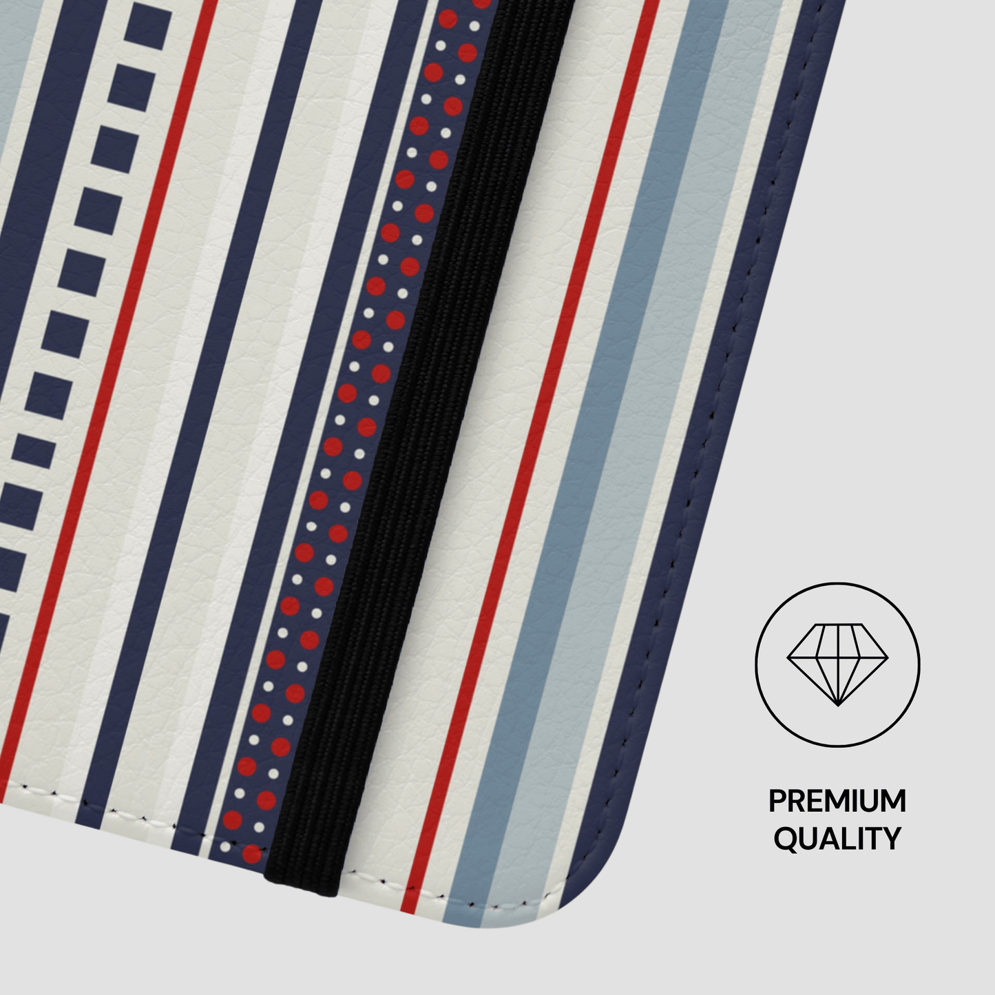 Patterned fabric with stripes and dots on a white background, featuring a 'Premium Quality' label.