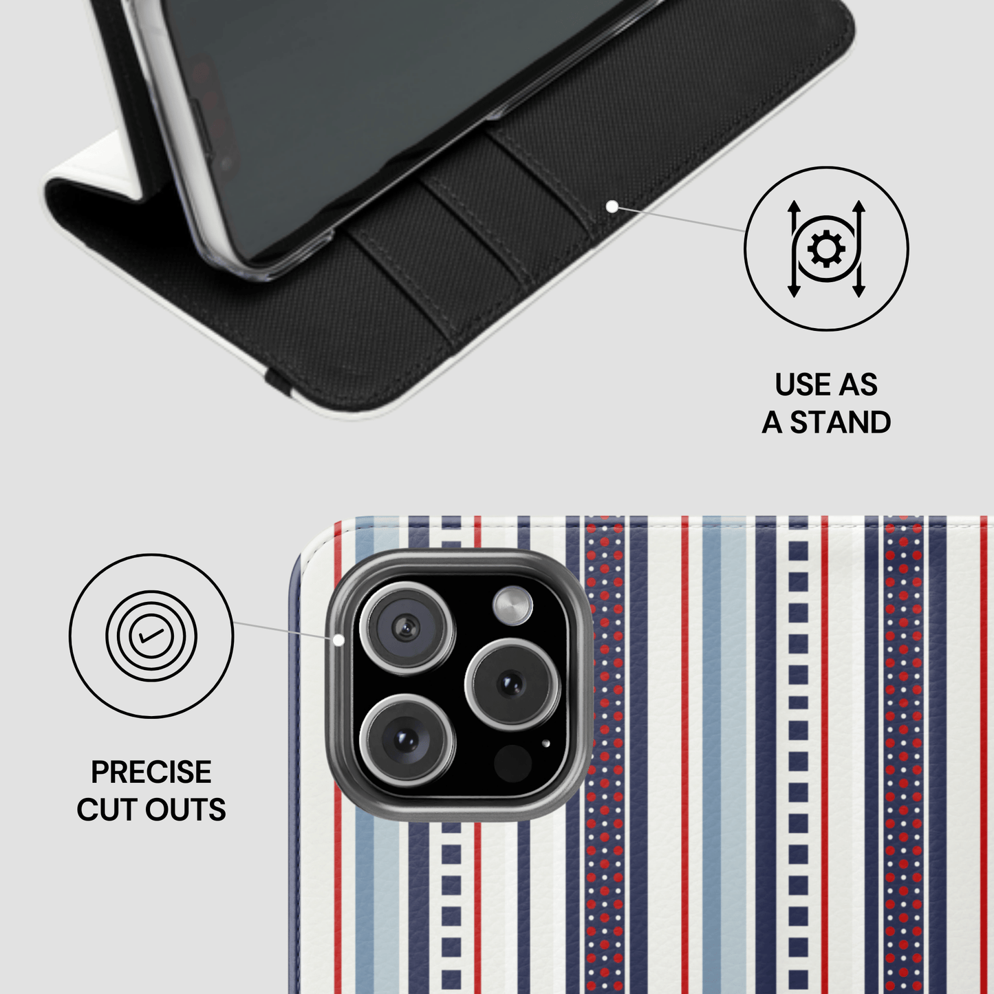 Phone case with stand feature and camera cutout on a white background
