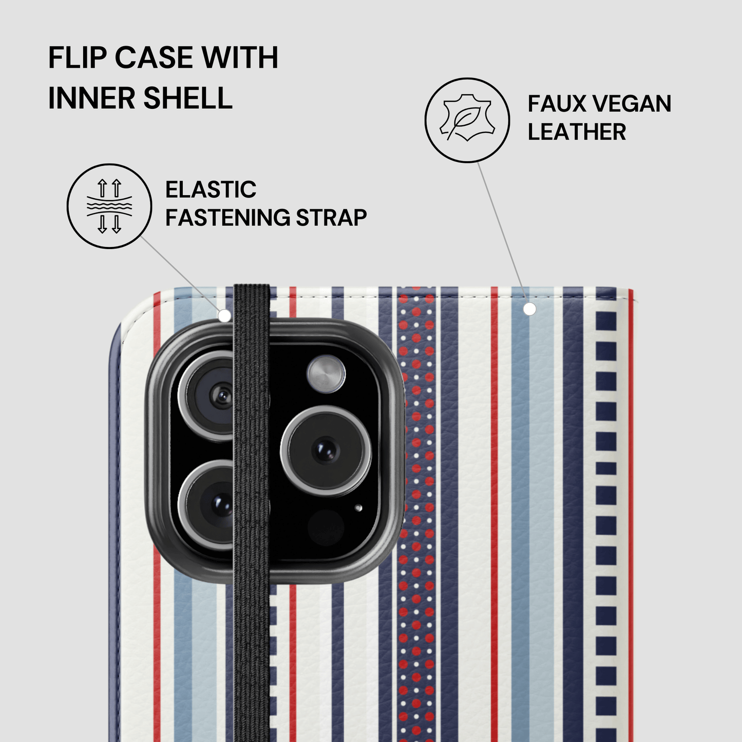 Flip case with inner shell featuring faux vegan leather, elastic fastening strap, and striped design.