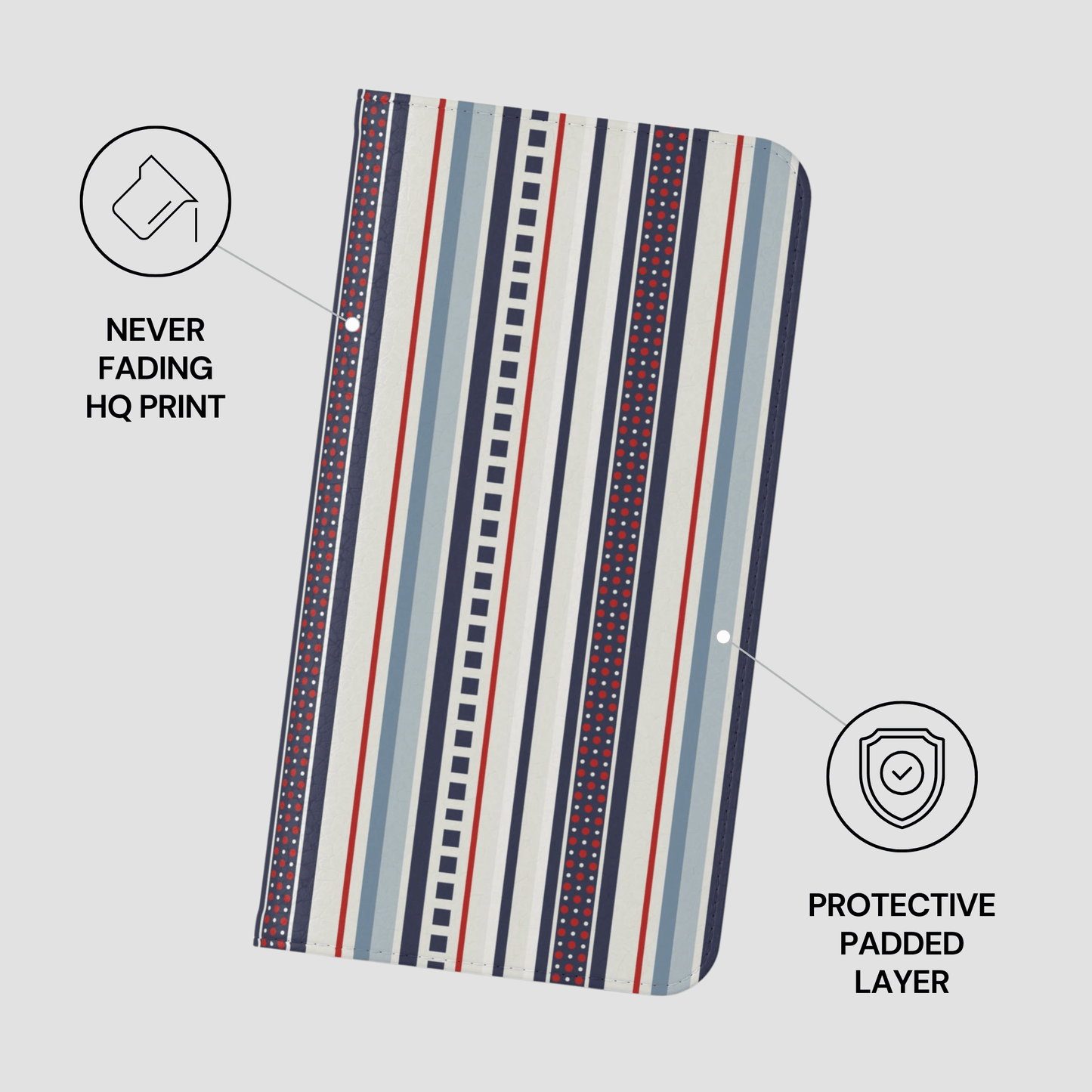 Striped protective cover with text indicating 'Never Fading HQ Print' and 'Protective Padded Layer' on a light gray background.