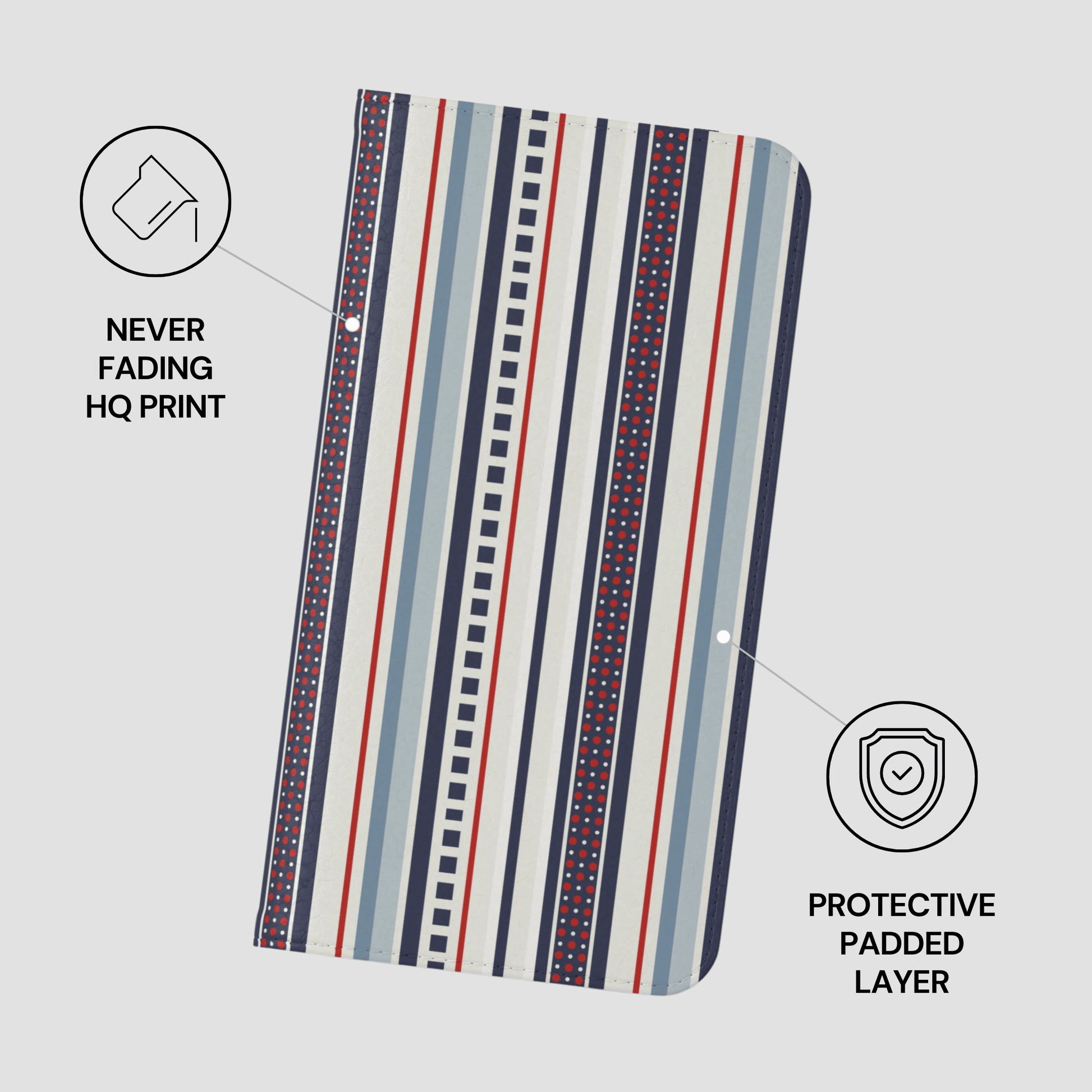 Striped protective cover with text indicating 'Never Fading HQ Print' and 'Protective Padded Layer' on a light gray background.
