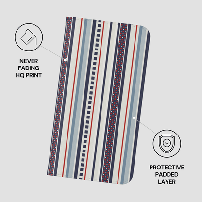 Striped protective cover with text indicating 'Never Fading HQ Print' and 'Protective Padded Layer' on a light gray background.