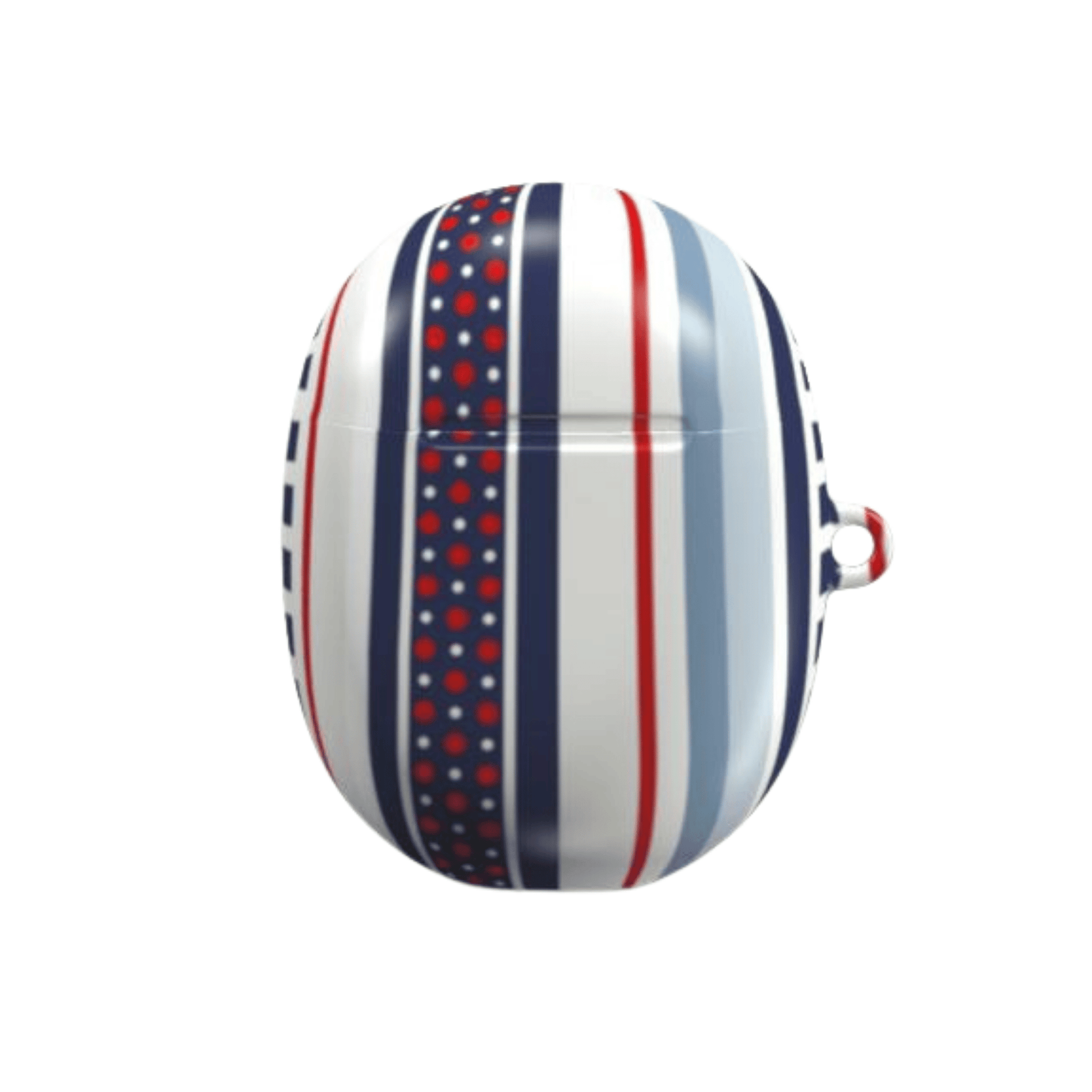 Round object with red, white, and blue striped pattern on a white background