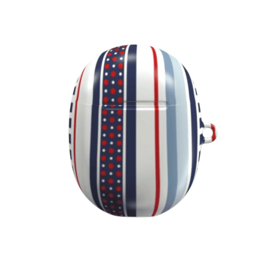 Round object with red, white, and blue striped pattern on a white background