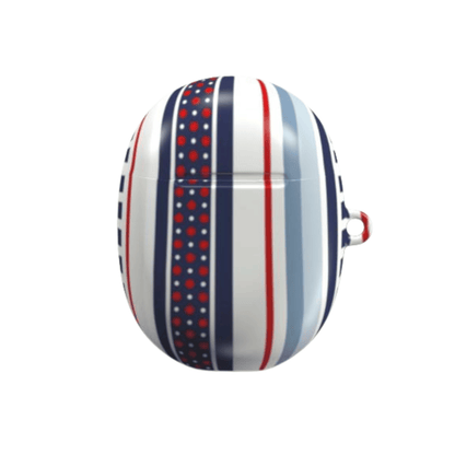 Round object with red, white, and blue striped pattern on a white background