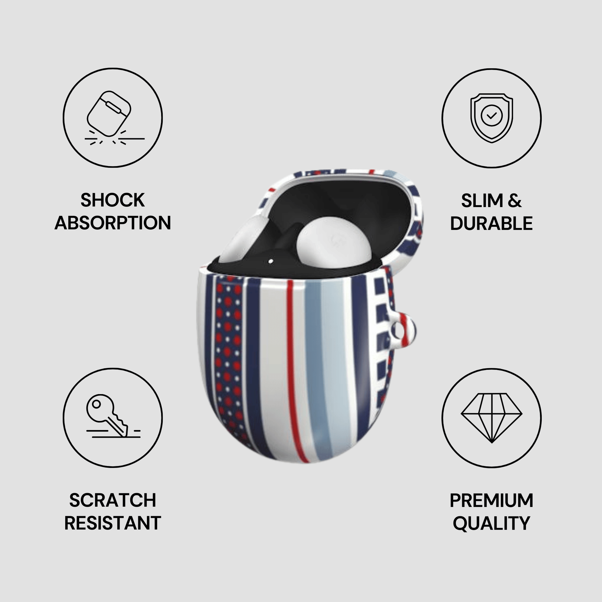 Striped protective case with icons and text highlighting features on a light gray background