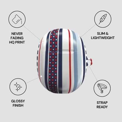 Striped pouch with features listed on a gray background