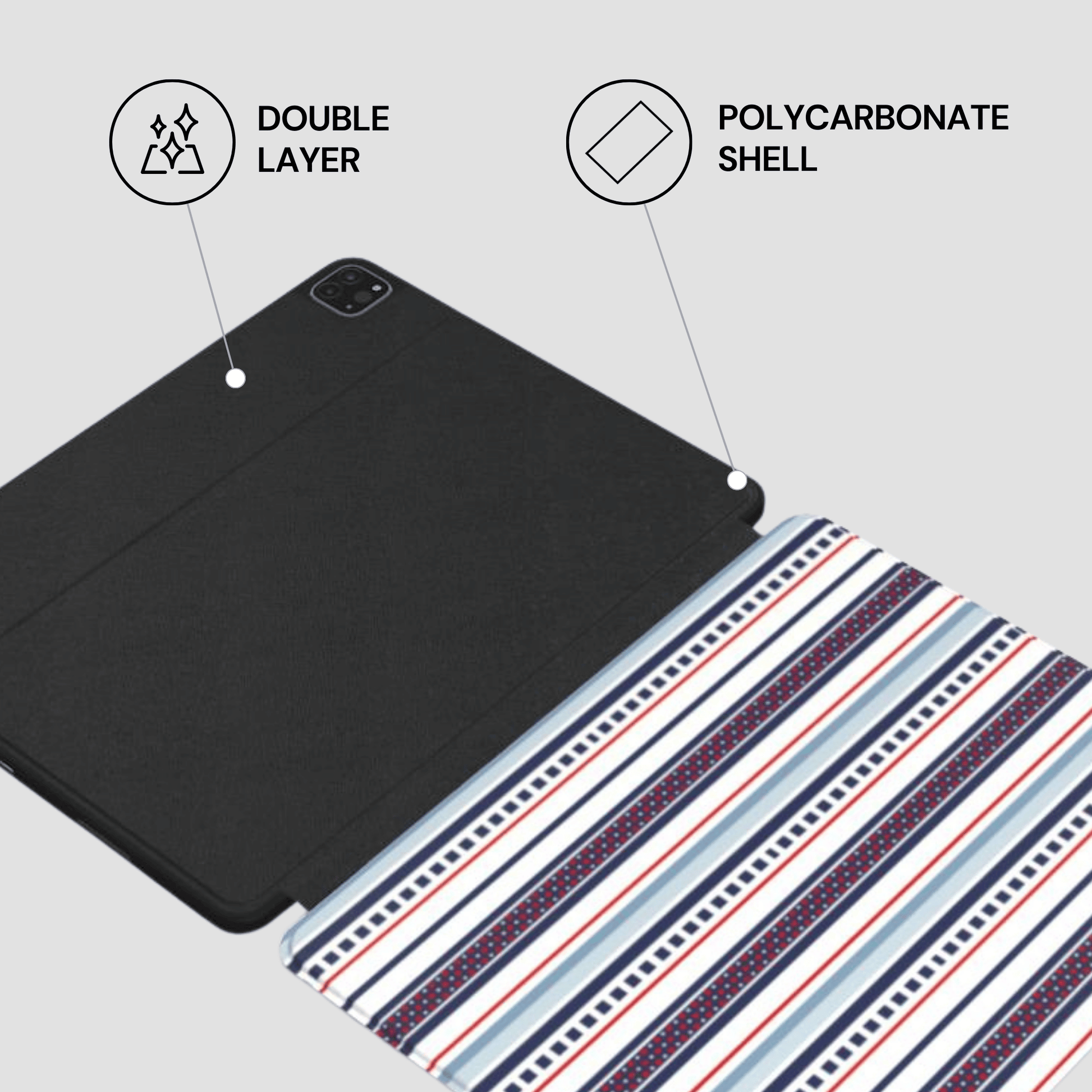 Tablet case with polycarbonate shell and double layer design on a light gray background