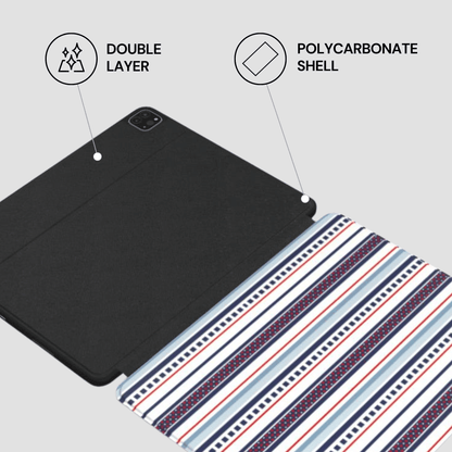 Tablet case with polycarbonate shell and double layer design on a light gray background