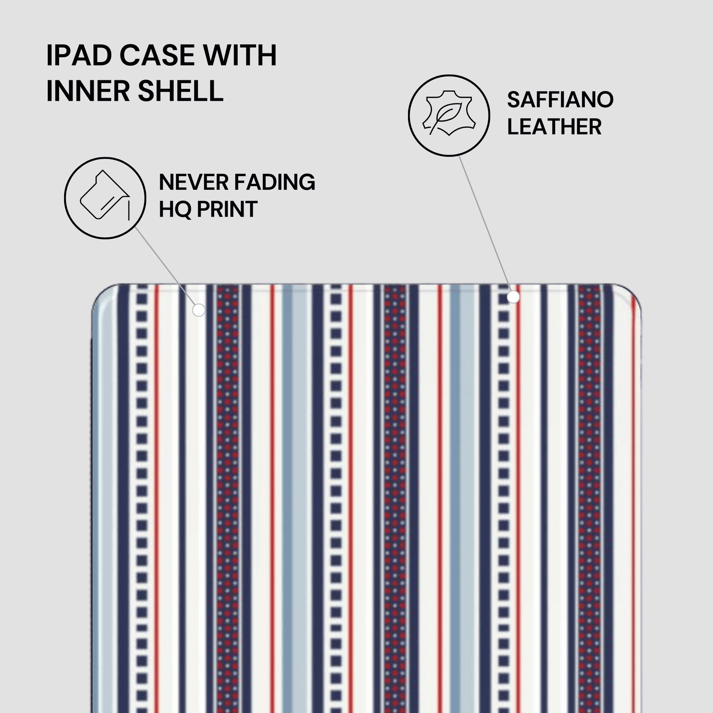 Striped iPad case with saffiano leather inner shell on a light gray background