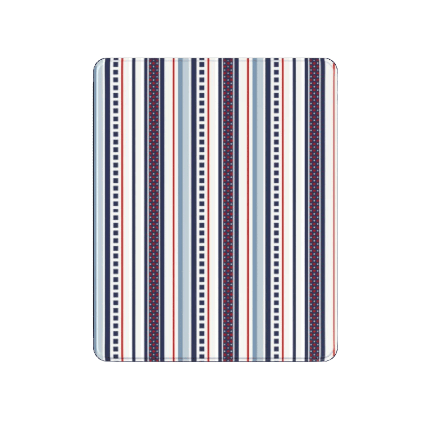Rectangular mat with red, blue, and white striped pattern on a white background