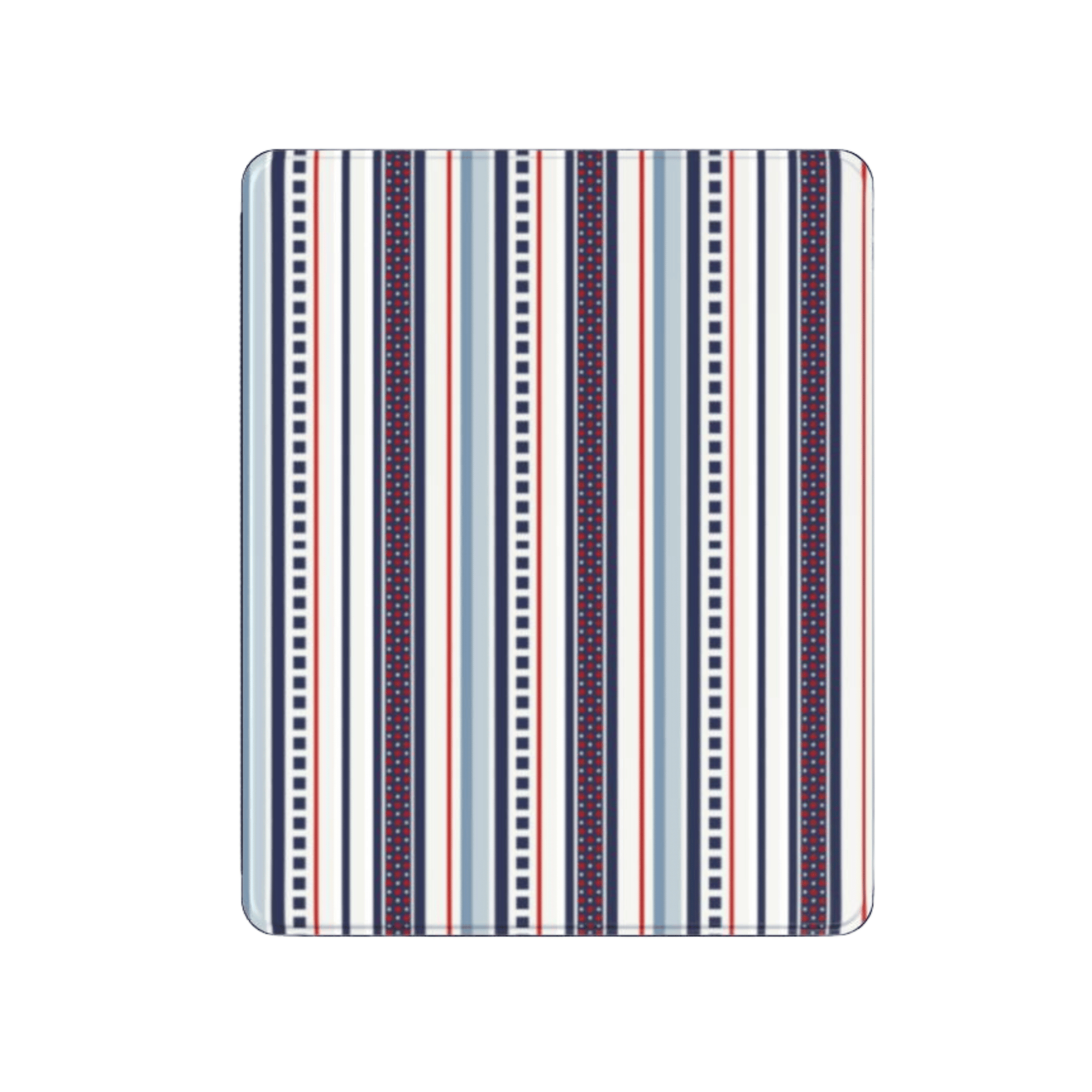 Rectangular mat with red, blue, and white striped pattern on a white background