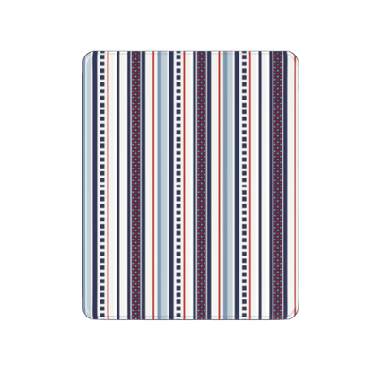 Rectangular mat with red, blue, and white striped pattern on a white background