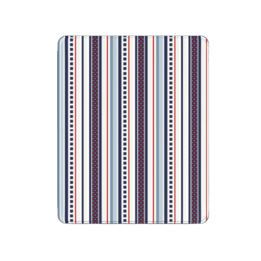 Rectangular mat with red, blue, and white striped pattern on a white background