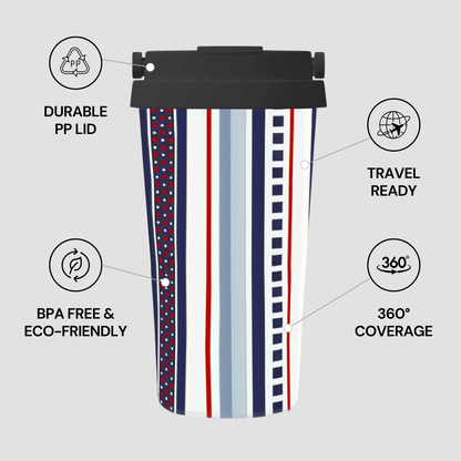 Tumbler with colorful design and text highlighting features on a light gray background