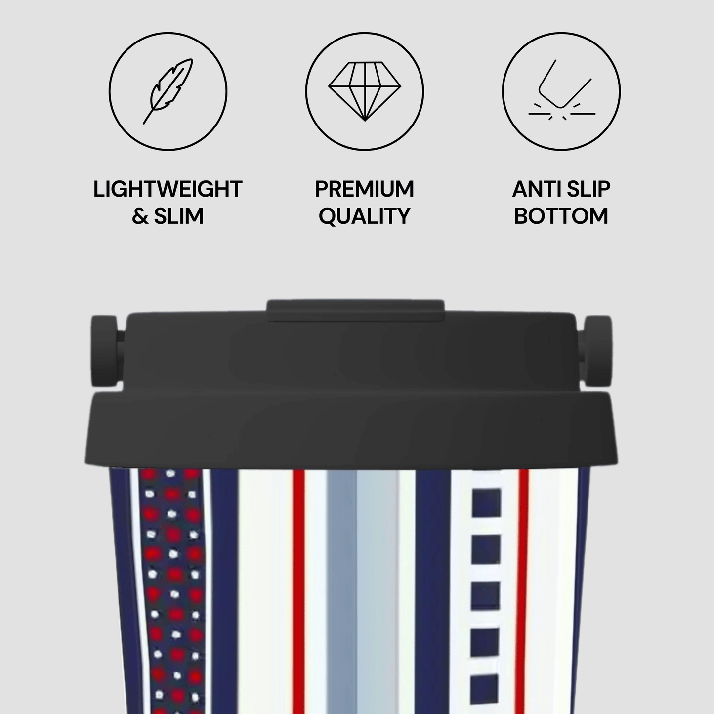 Black strap with patterned ends on a light gray background, featuring icons and text about strap features.