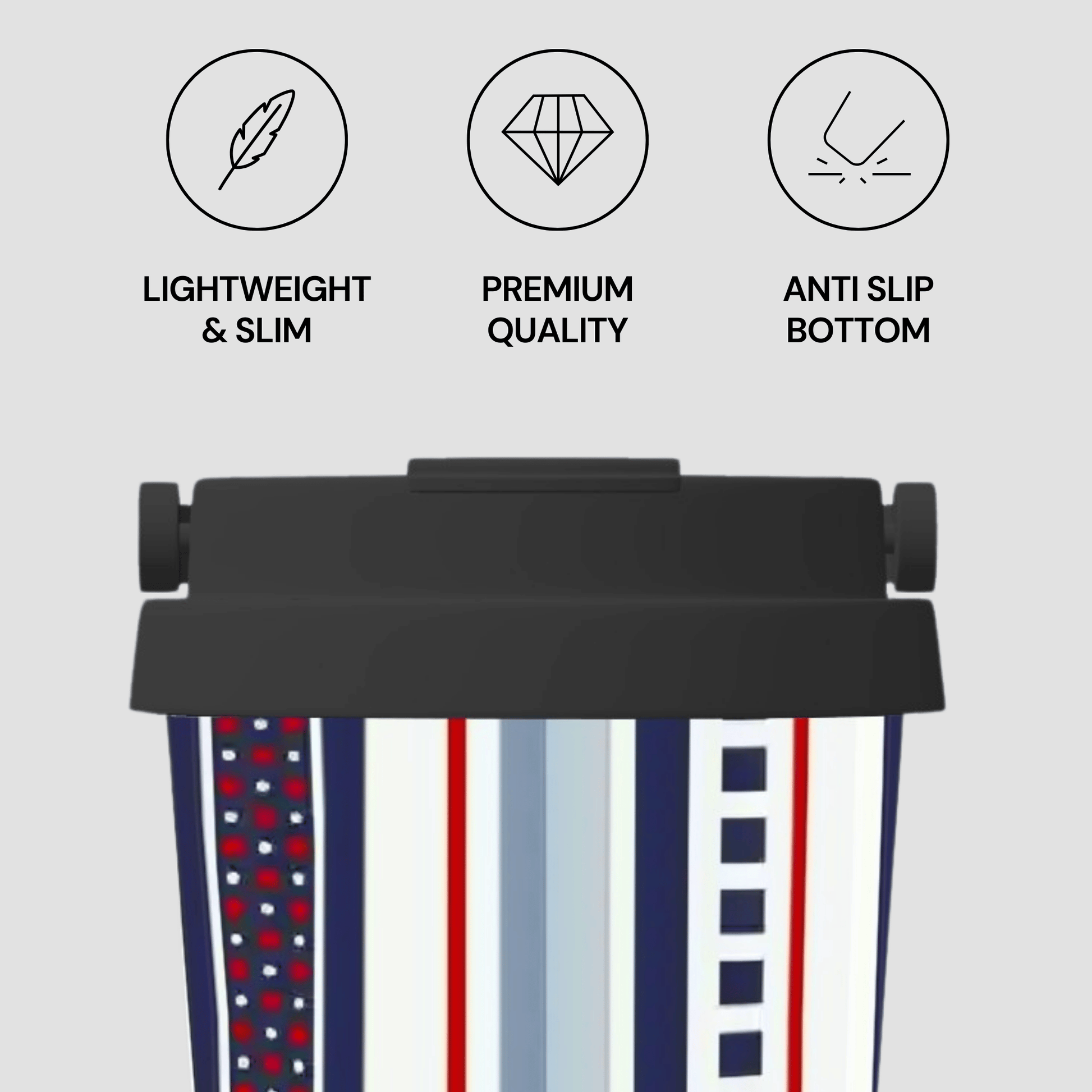 Black strap with patterned ends on a light gray background, featuring icons and text about strap features.