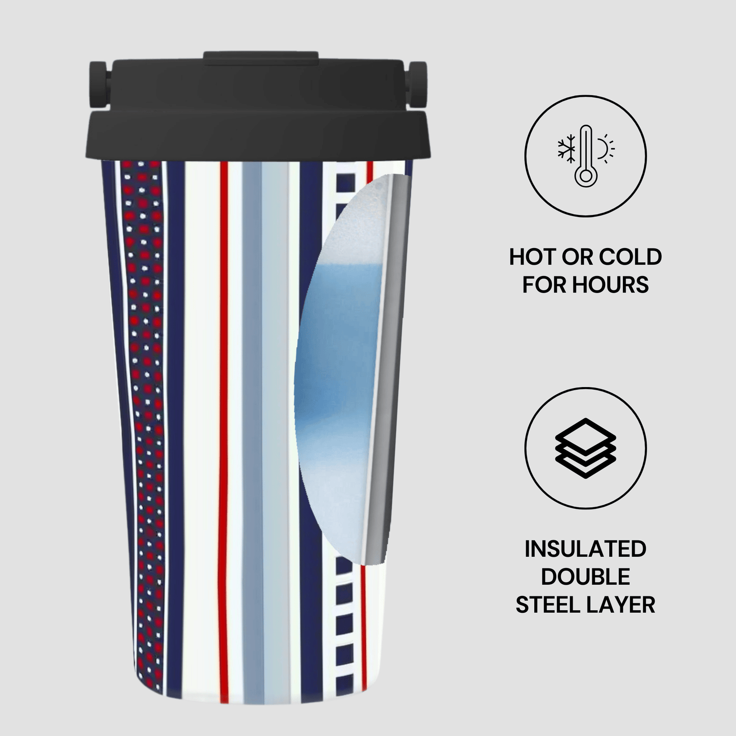 Insulated tumbler with colorful design on a white background