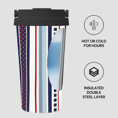 Insulated tumbler with colorful design on a white background