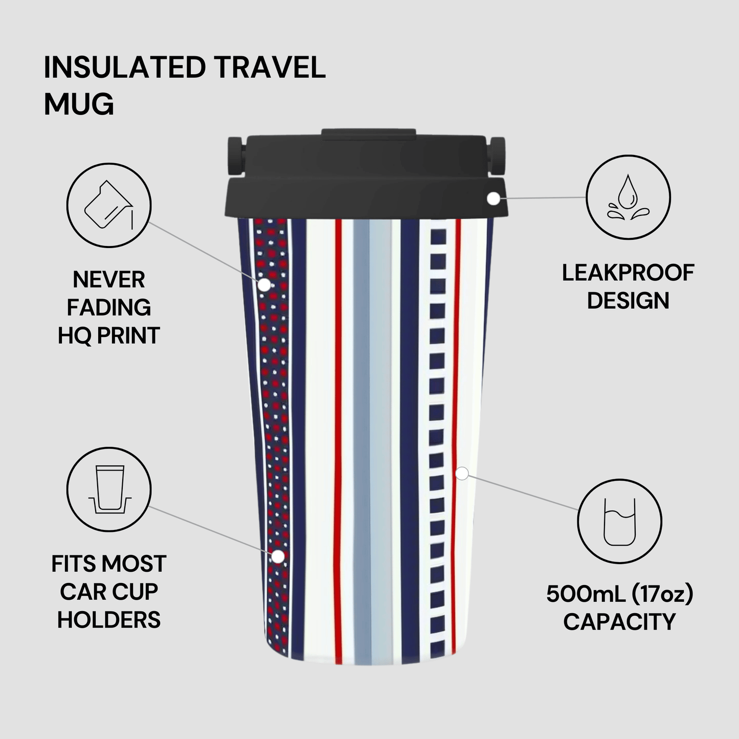 Insulated travel mug with striped design on a light gray background