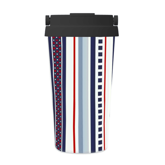 Reusable water bottle with colorful striped design on a white background