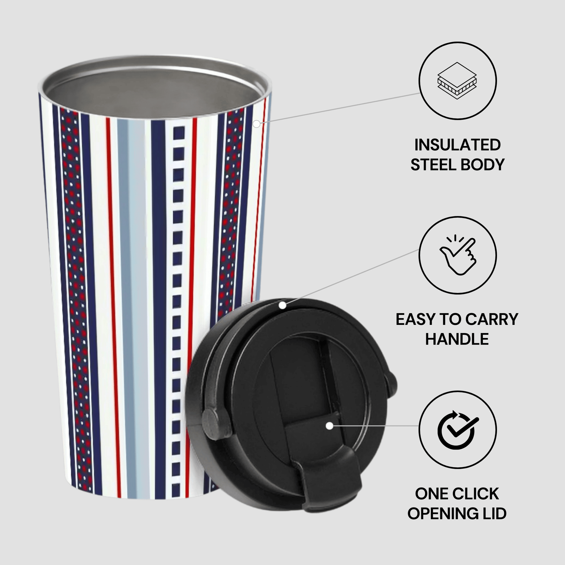 Striped travel mug with black lid on a light gray background