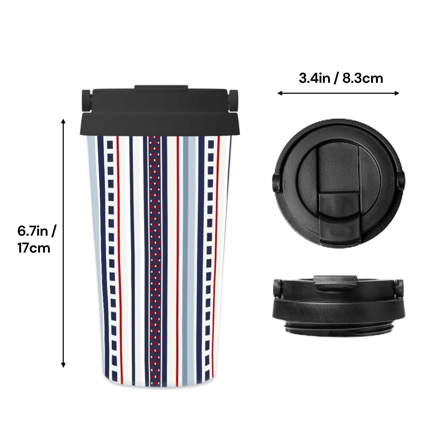 Striped travel mug with black lids and measurements on a white background