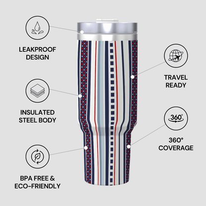 Tumbler with striped design on a white background, featuring text labels about its features.